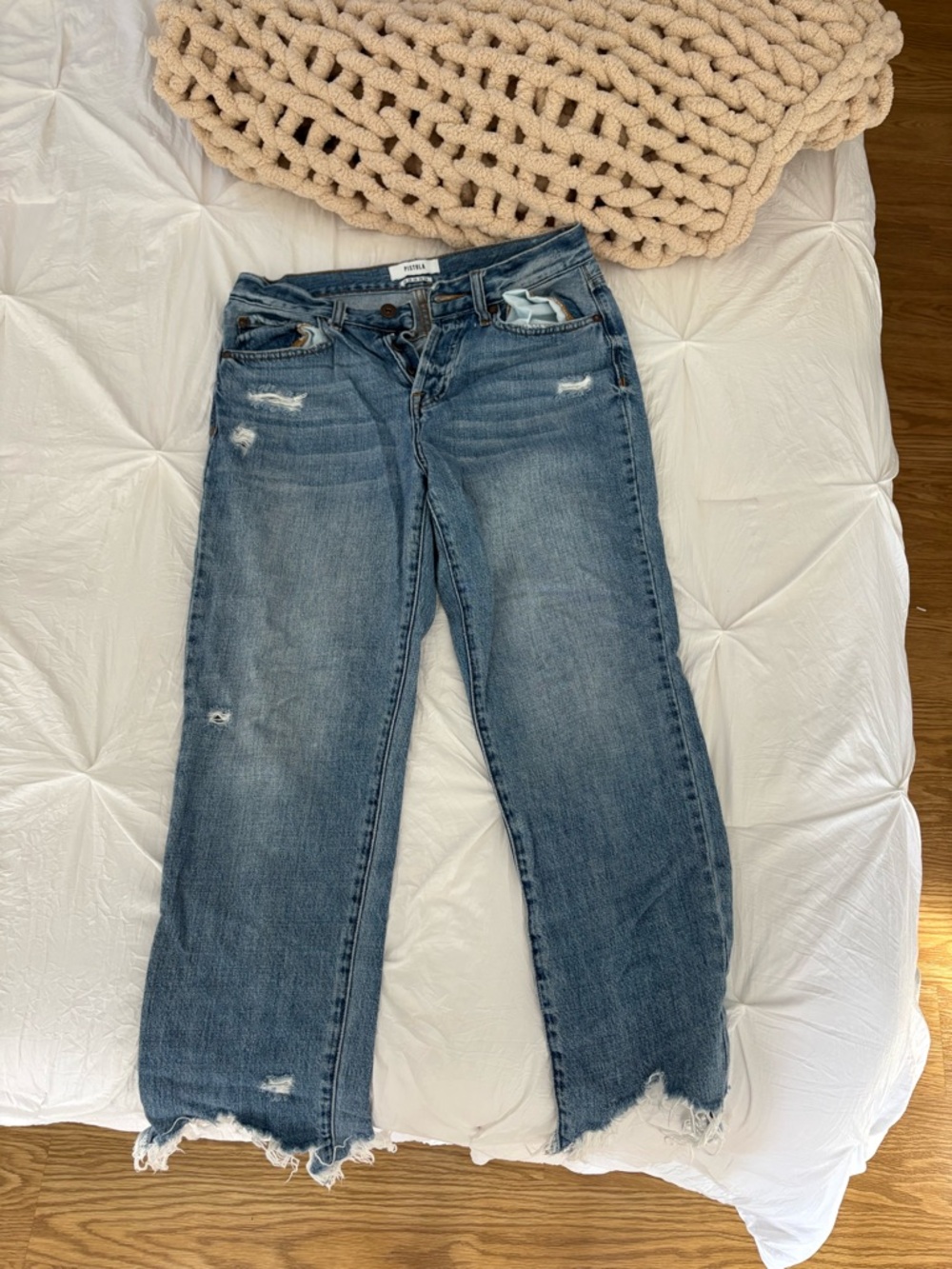 pistola Washed Blue Wide Leg Jeans with Raw Hem
